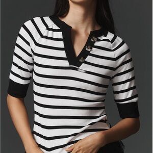 Anthropologie Maeve Black and White Striped Half-sleeve Henley Tee XS